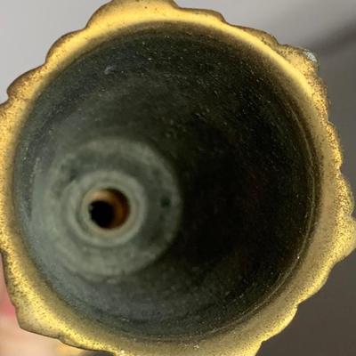 LOT 97 X: Vintage / Antique Oval Gold Toned Frame Mirror w/ Etched Floral Motif: 904 Fenton Label Co. & Pair of Ornate Brass...