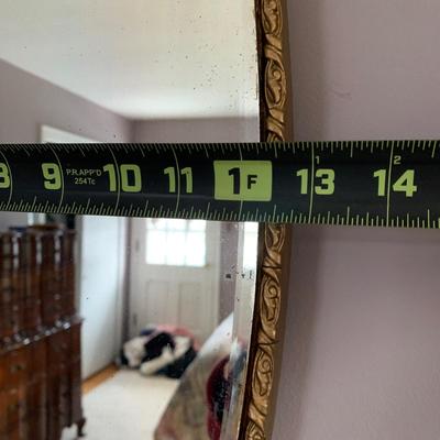 LOT 97 X: Vintage / Antique Oval Gold Toned Frame Mirror w/ Etched Floral Motif: 904 Fenton Label Co. & Pair of Ornate Brass...