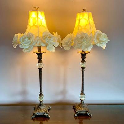 LOT 98 X: Pair of Stem Pedestal Lamps w/ Unique Floral Lampshades