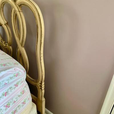 LOT 100 X: French Provincial Style Headboard & Faux Marble Top Bedside Table