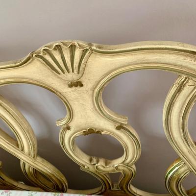 LOT 100 X: French Provincial Style Headboard & Faux Marble Top Bedside Table