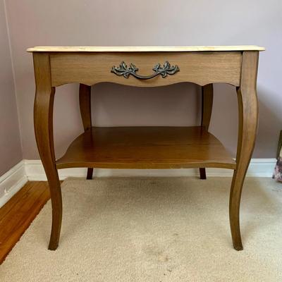LOT 100 X: French Provincial Style Headboard & Faux Marble Top Bedside Table