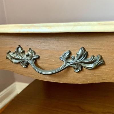 LOT 100 X: French Provincial Style Headboard & Faux Marble Top Bedside Table