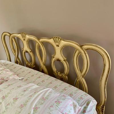 LOT 100 X: French Provincial Style Headboard & Faux Marble Top Bedside Table