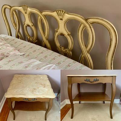 LOT 100 X: French Provincial Style Headboard & Faux Marble Top Bedside Table