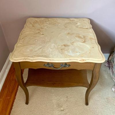 LOT 100 X: French Provincial Style Headboard & Faux Marble Top Bedside Table