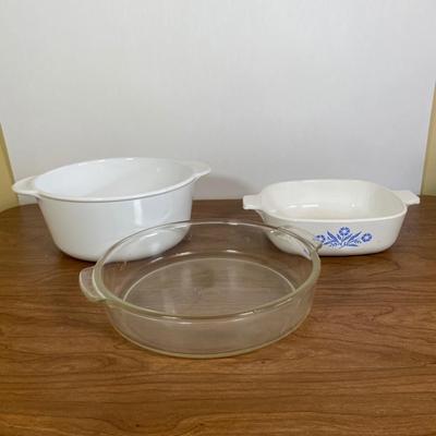 LOT 103K: Bakeware including (3) Vintage Royal China Jeannette Pie Plates, Rolling Pin, Vintage Corning Ware Blue Cornflower Casserole...