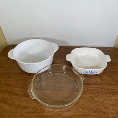 LOT 103K: Bakeware including (3) Vintage Royal China Jeannette Pie Plates, Rolling Pin, Vintage Corning Ware Blue Cornflower Casserole...