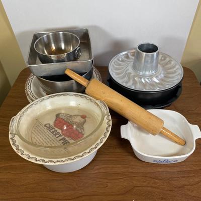 LOT 103K: Bakeware including (3) Vintage Royal China Jeannette Pie Plates, Rolling Pin, Vintage Corning Ware Blue Cornflower Casserole...