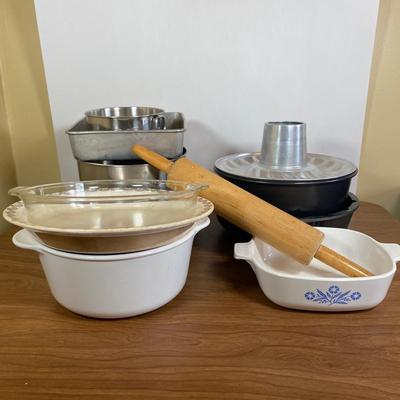 LOT 103K: Bakeware including (3) Vintage Royal China Jeannette Pie Plates, Rolling Pin, Vintage Corning Ware Blue Cornflower Casserole...