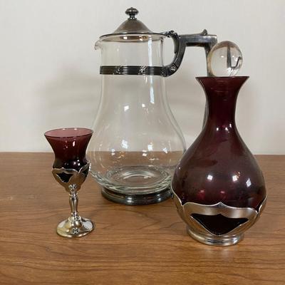LOT 110D: Farber Bros Krome Kraft Amethyst Decanter with matching Stem glass and Vintage Glass Pitcher