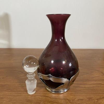 LOT 110D: Farber Bros Krome Kraft Amethyst Decanter with matching Stem glass and Vintage Glass Pitcher