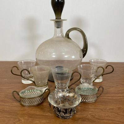 LOT 111D: Decanter Set with Pair of spice jars and 5 glasses