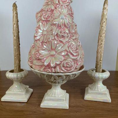 LOT 117D: Ceramic Flower Tower Centerpiece with a Pair of Candlestick Holders