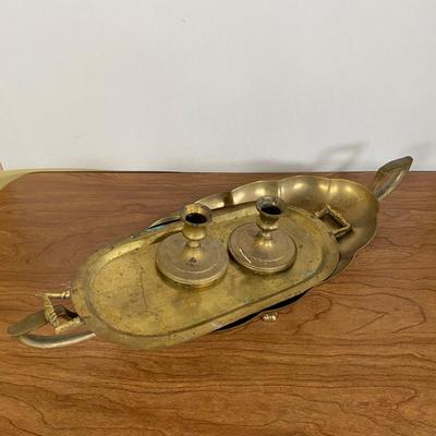 LOT 119D: Brass Candle Stick Holders, Footed Tray Centerpiece, and Serving Tray