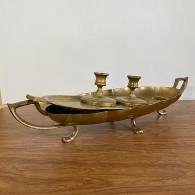 LOT 119D: Brass Candle Stick Holders, Footed Tray Centerpiece, and Serving Tray