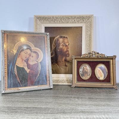 LOT 121D: Vintage Cameo Creation Framed Wall Art, Framed Jesus Print & Framed Mother and Child