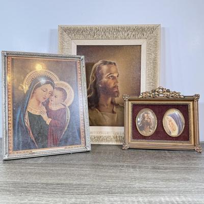 LOT 121D: Vintage Cameo Creation Framed Wall Art, Framed Jesus Print & Framed Mother and Child