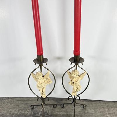 LOT 125F: Religious Home Decor Collection: Mary Planter, Cherub Candle Sticks, Bronze Cross w/ Matching Candlestick Holders