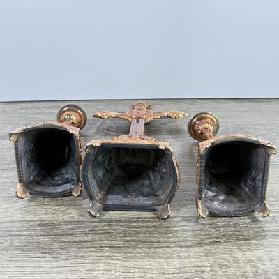 LOT 125F: Religious Home Decor Collection: Mary Planter, Cherub Candle Sticks, Bronze Cross w/ Matching Candlestick Holders