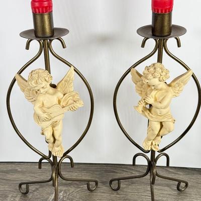 LOT 125F: Religious Home Decor Collection: Mary Planter, Cherub Candle Sticks, Bronze Cross w/ Matching Candlestick Holders