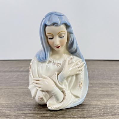 LOT 125F: Religious Home Decor Collection: Mary Planter, Cherub Candle Sticks, Bronze Cross w/ Matching Candlestick Holders