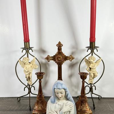 LOT 125F: Religious Home Decor Collection: Mary Planter, Cherub Candle Sticks, Bronze Cross w/ Matching Candlestick Holders