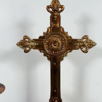 LOT 125F: Religious Home Decor Collection: Mary Planter, Cherub Candle Sticks, Bronze Cross w/ Matching Candlestick Holders