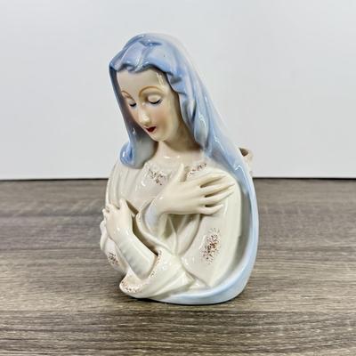 LOT 125F: Religious Home Decor Collection: Mary Planter, Cherub Candle Sticks, Bronze Cross w/ Matching Candlestick Holders