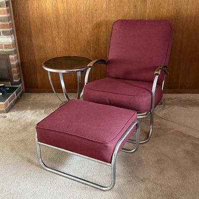 LOT 140F: Vintage / MCM Red Chair & Ottoman w/ Metal End Table