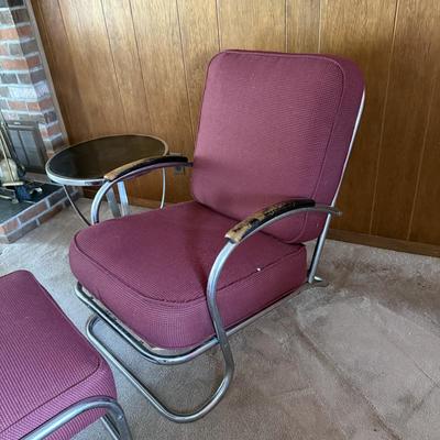 LOT 140F: Vintage / MCM Red Chair & Ottoman w/ Metal End Table