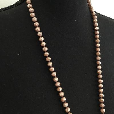 Pretty taupe faceted glass beaded necklace with crystal pendant & tassel