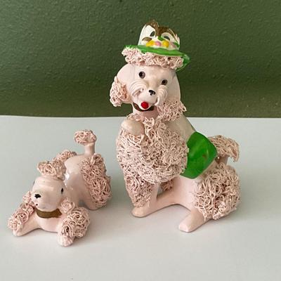 Vintage Pink Spaghetti Ceramic Poodles with Hat/purse