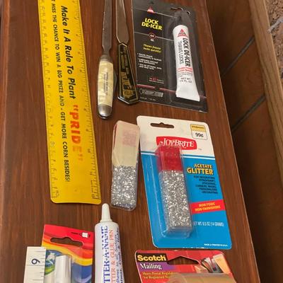Office supplies and wood bowl