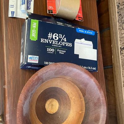 Office supplies and wood bowl
