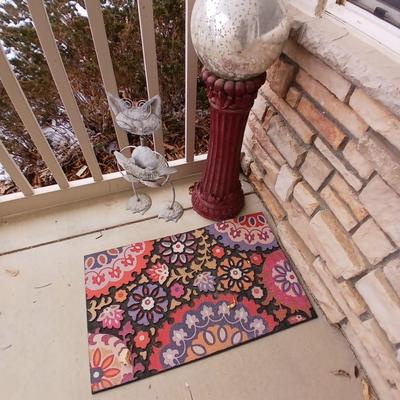 Gazing ball on stand, Metal "Welcome" cat, door mat and a frog sprinkler