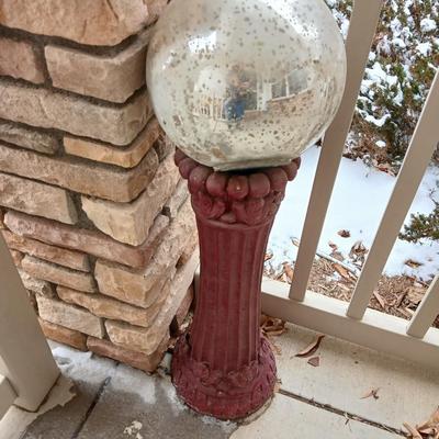 Gazing ball on stand, Metal "Welcome" cat, door mat and a frog sprinkler