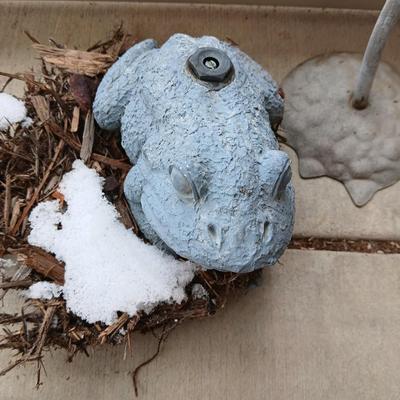 Gazing ball on stand, Metal "Welcome" cat, door mat and a frog sprinkler