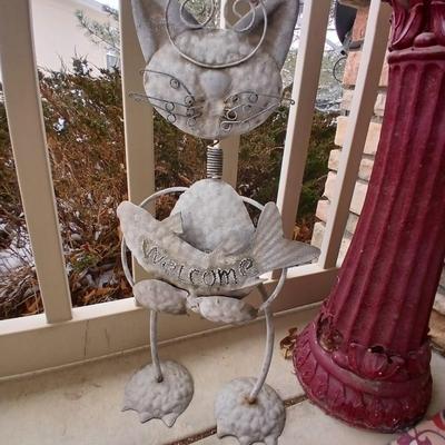 Gazing ball on stand, Metal "Welcome" cat, door mat and a frog sprinkler
