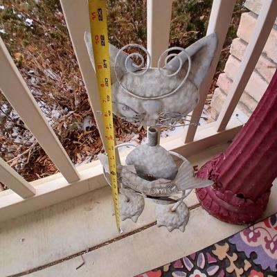 Gazing ball on stand, Metal "Welcome" cat, door mat and a frog sprinkler