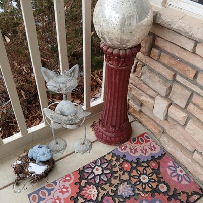 Gazing ball on stand, Metal "Welcome" cat, door mat and a frog sprinkler