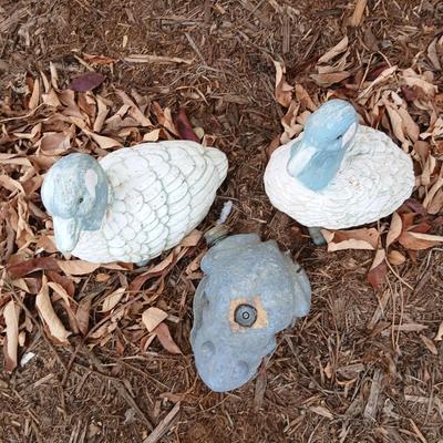 Two hard plastic ducks and a frog sprinkler
