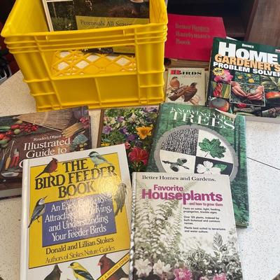 Yellow crate with gardening and bird books