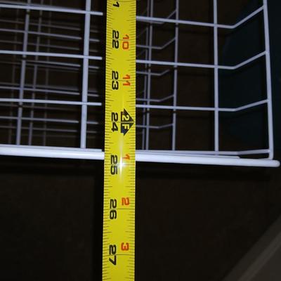 Metal shelf for organizing closet, Mesh laundry hamper and a bunch of coat hangers