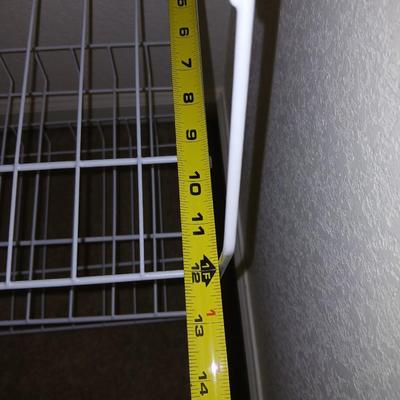 Metal shelf for organizing closet, Mesh laundry hamper and a bunch of coat hangers