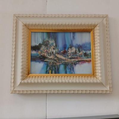 Two framed pictures - "Rock frost" Gouache By Carolyn Evridge and tree swing signed RL and a colorful picture of abstract trees