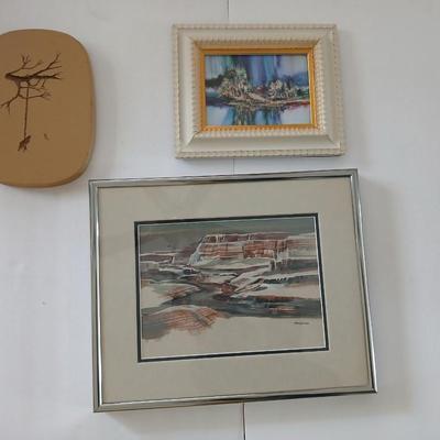 Two framed pictures - "Rock frost" Gouache By Carolyn Evridge and tree swing signed RL and a colorful picture of abstract trees