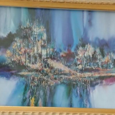 Two framed pictures - "Rock frost" Gouache By Carolyn Evridge and tree swing signed RL and a colorful picture of abstract trees
