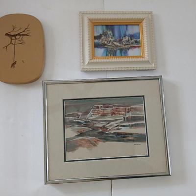 Two framed pictures - "Rock frost" Gouache By Carolyn Evridge and tree swing signed RL and a colorful picture of abstract trees