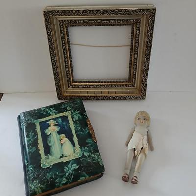 Antique Victorian Celluloid Photo Album Woman w Child e.1900's with Antique made in Japan porcelain doll and a Victorian picture frame